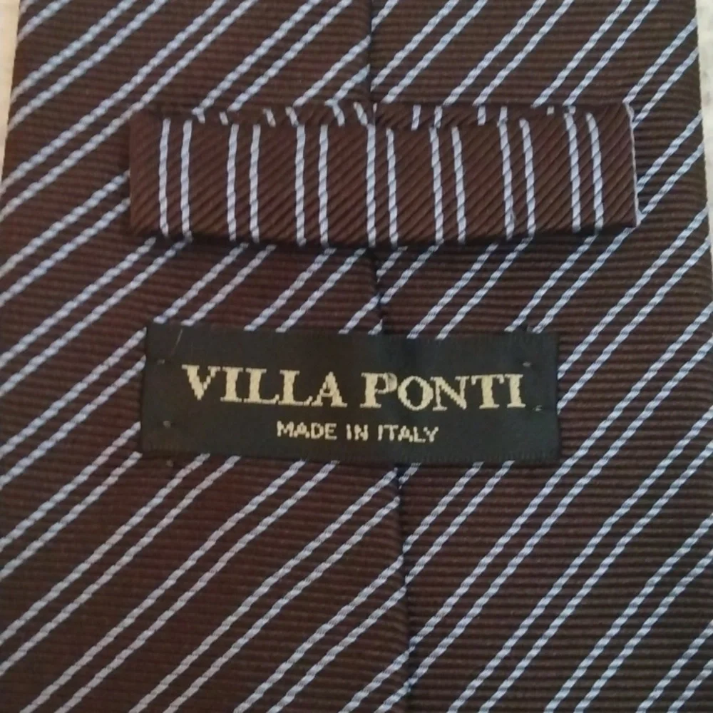 Villa Ponti Brown/Light Blue Stripe Silk Tie (Made in Italy) - Picture 6 of 10